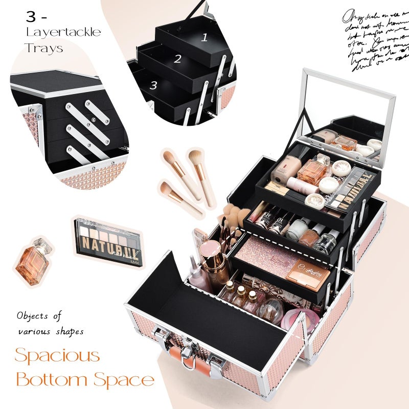 Joligrace Makeup Box 11.6-Inch Cosmetic Train Case for Women Travel Jewelry Organizer with Compartments & Mirror Portable Lockable Make-up Trunk Shiny Style - Image 3